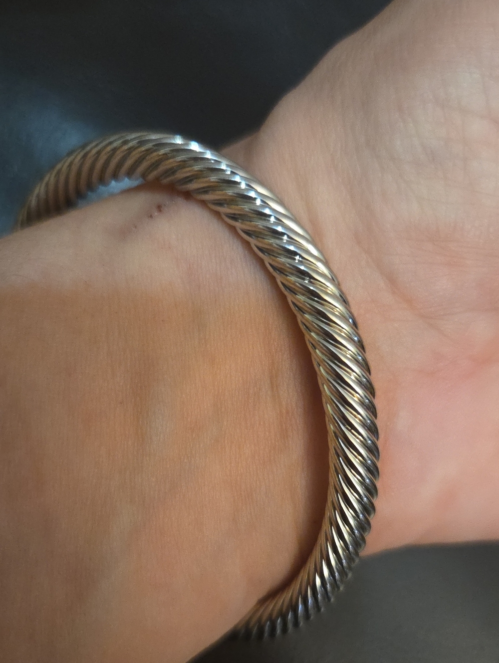 Gold Tone and Silver Tone Cable Cuff Bangle Rope Bracelet With Crystal Accents - Picture 7 of 8
